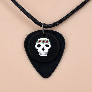 Guitar Pick Fimo Rose Skull Necklace, Adjustable Black Cord, Day of the Dead